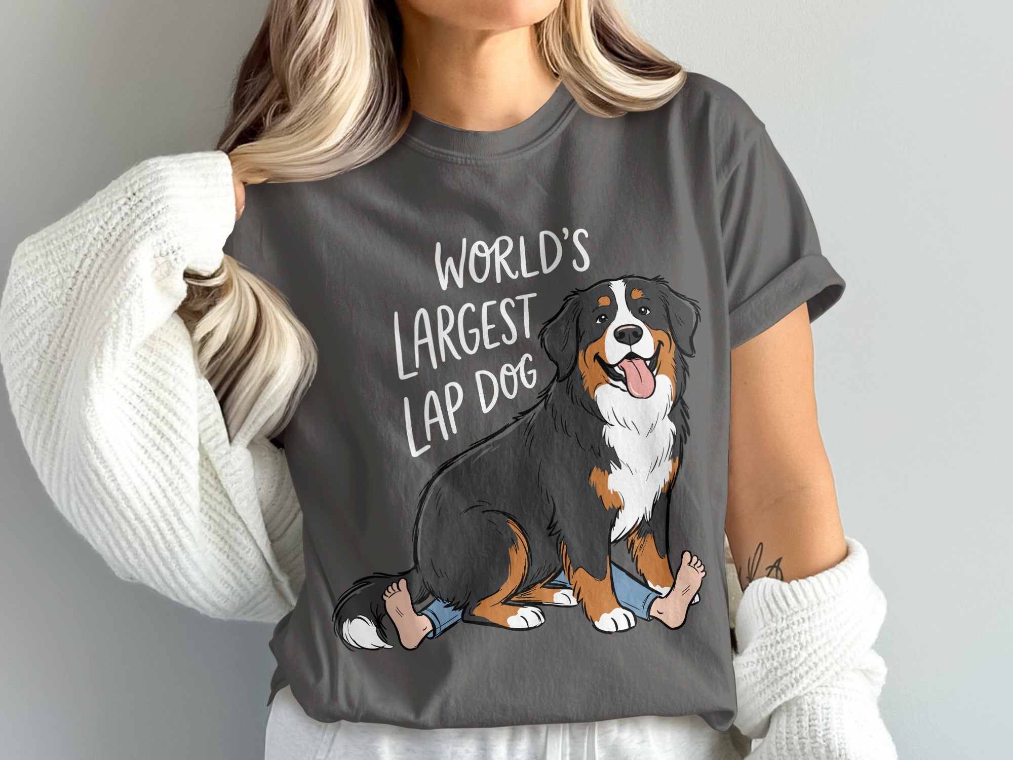 Gray t-shirt with cartoon Bernese Mountain Dog and text "World's Largest Lap Dog."
