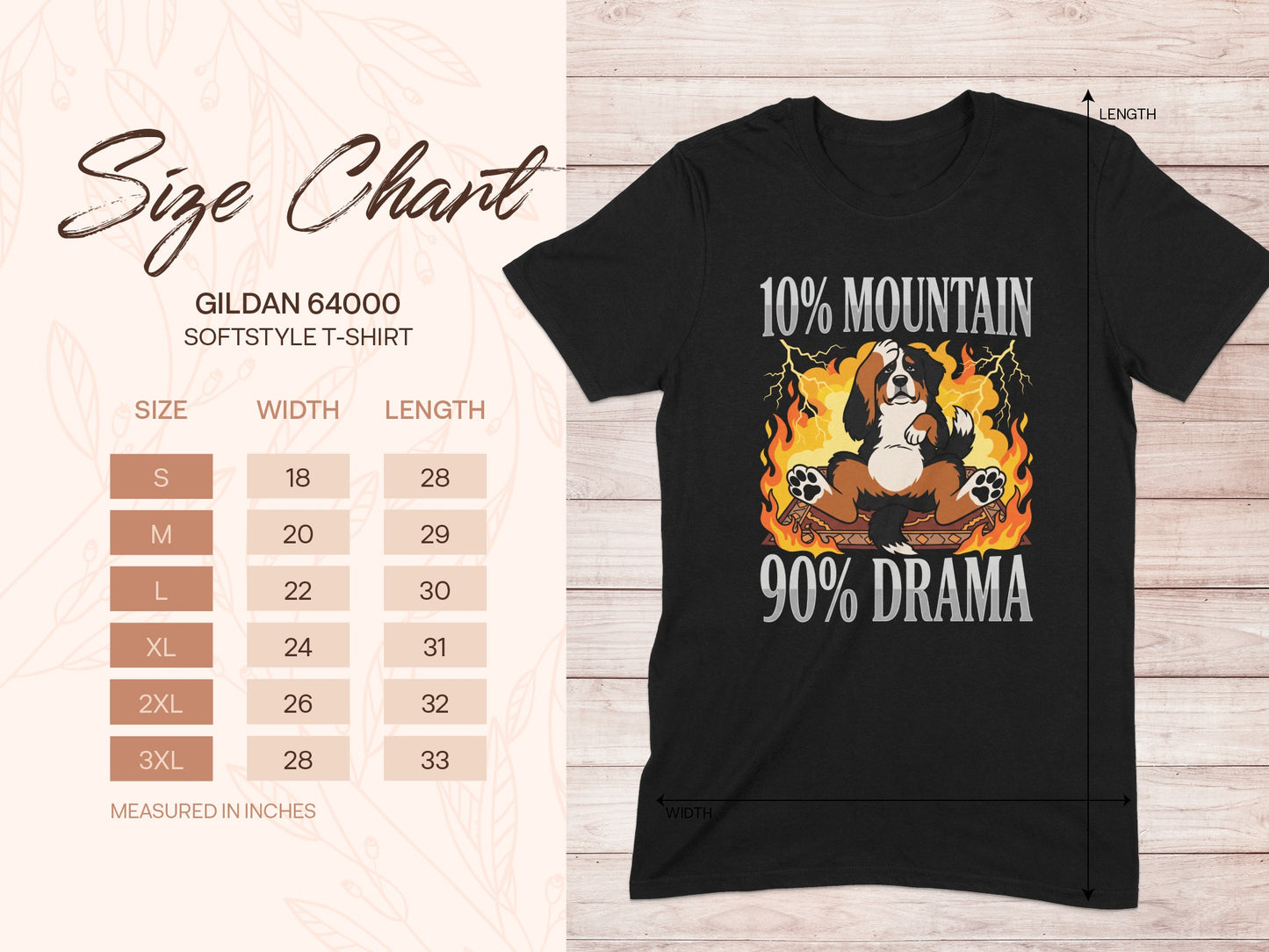 Black t-shirt with dog graphic, "10% Mountain 90% Drama", and size chart.
