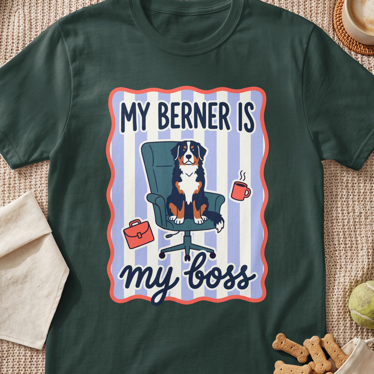 Bernese Mountain Dog sits in office chair with text "My Berner is my boss".