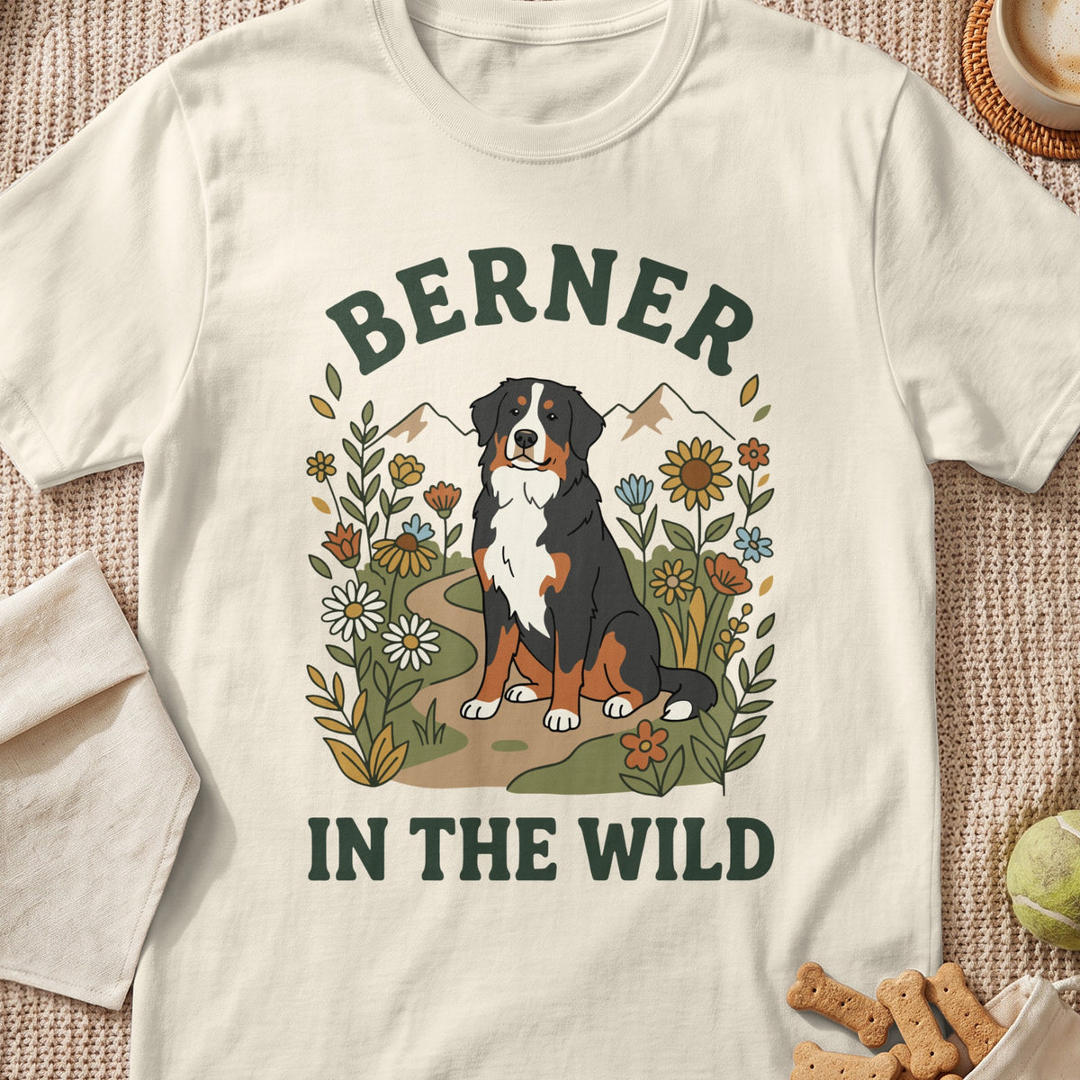 Bernese Mountain Dog sitting in flowers with text "BERNER IN THE WILD".