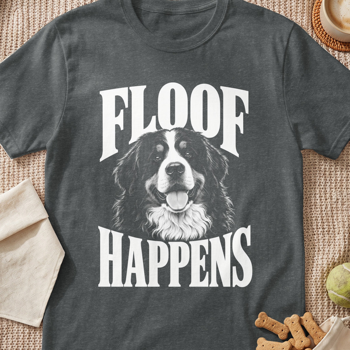 Bernese Mountain Dog graphic with text "FLOOF HAPPENS" on a dark t-shirt.