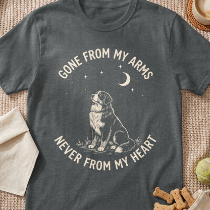 Dark grey t-shirt with a dog illustration and text "Gone From My Arms Never From My Heart".