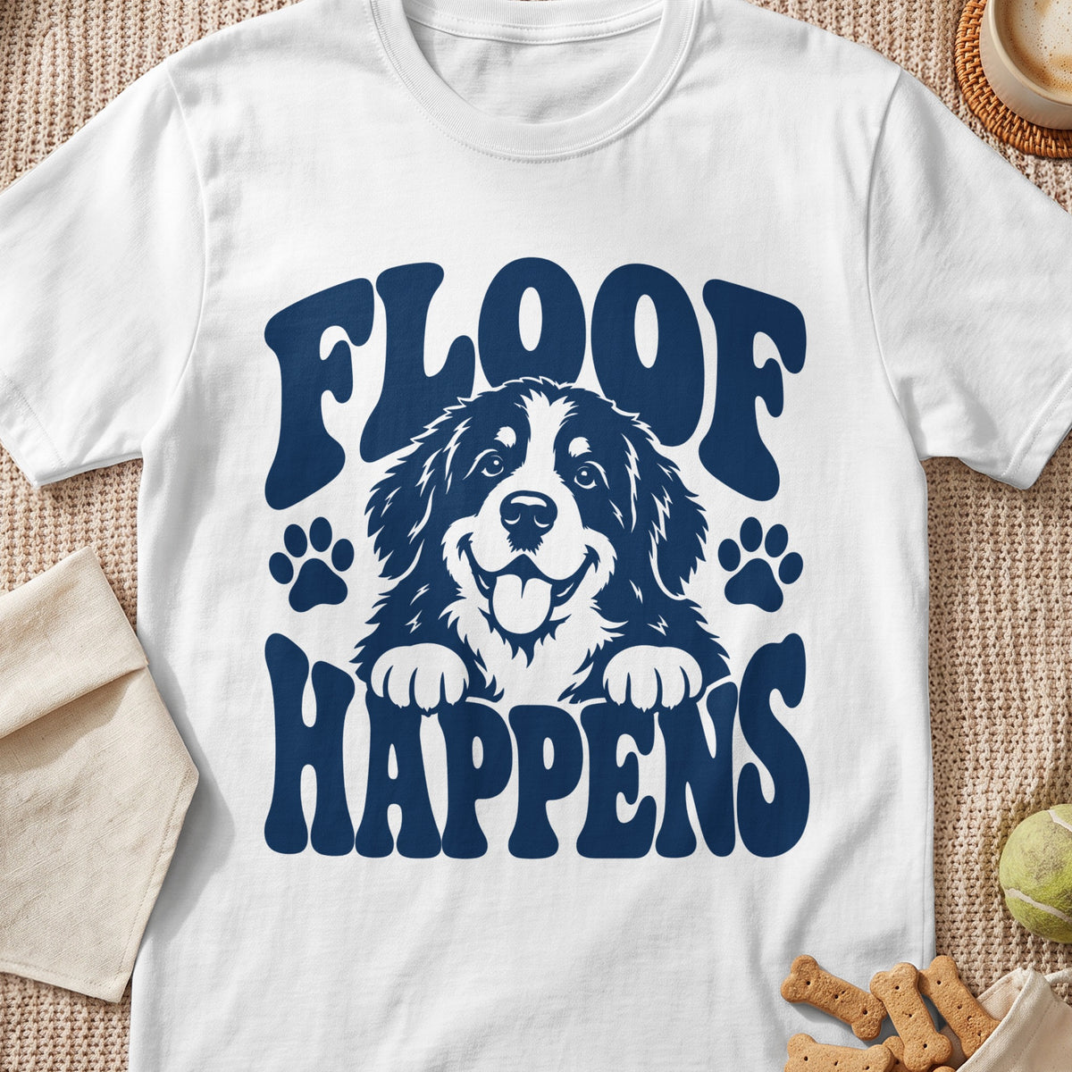 White t-shirt with navy graphic of a smiling dog and text "FLOOF HAPPENS".