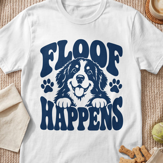White t-shirt with navy graphic of a smiling dog and text "FLOOF HAPPENS".