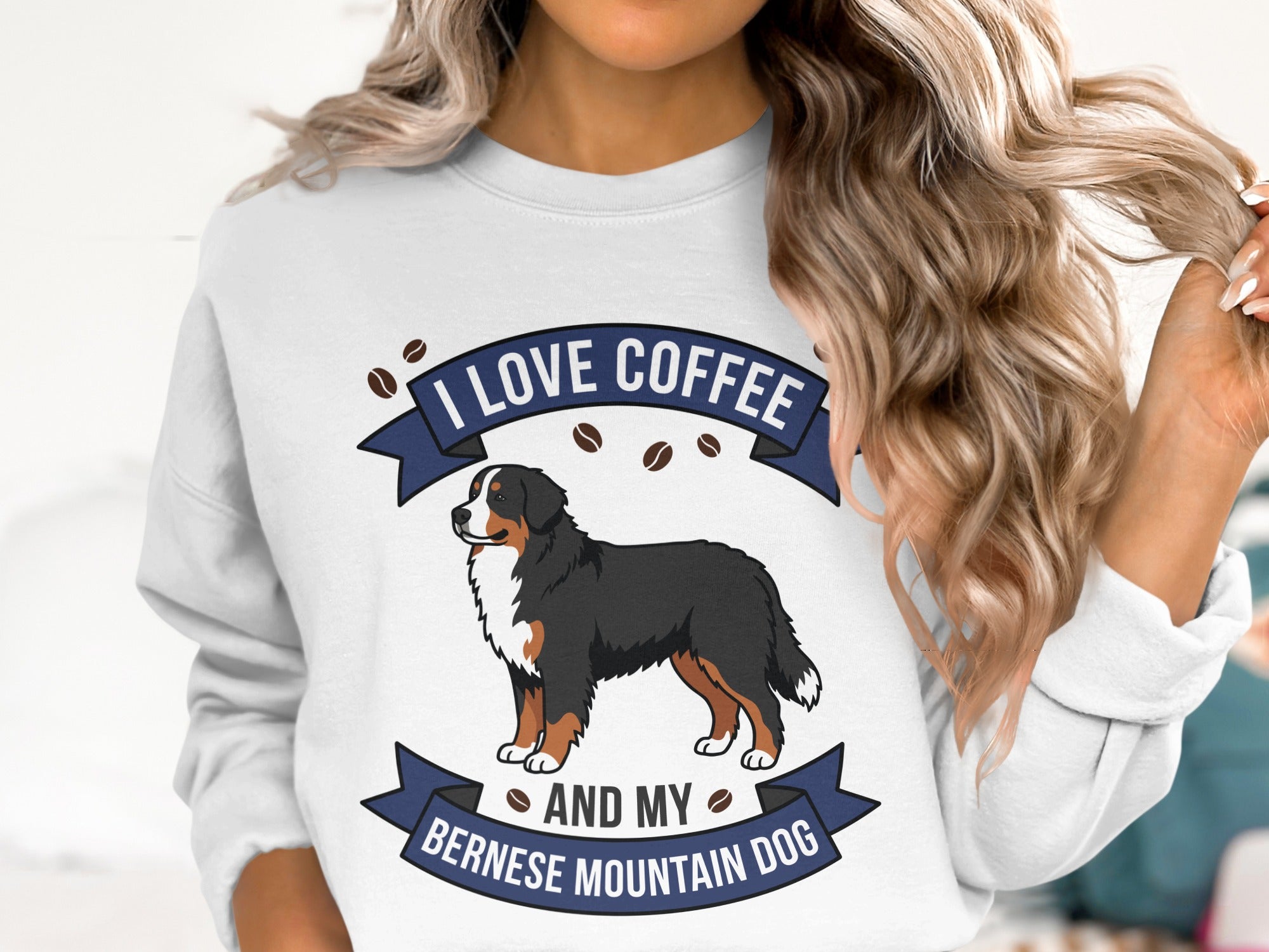 Bernese Mountain Dog graphic with "I Love Coffee and My Bernese Mountain Dog" text.