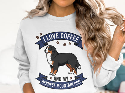 Bernese Mountain Dog graphic with "I Love Coffee and My Bernese Mountain Dog" text.
