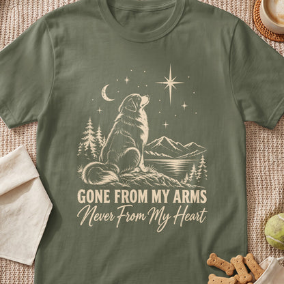 T-shirt with a dog looking at the moon and stars with text "Gone From My Arms, Never From My Heart."