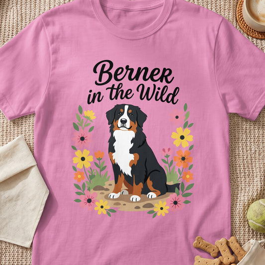 Pink t-shirt with "Berner in the Wild" text and a Bernese Mountain Dog in flowers.