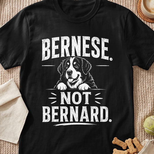 Black t-shirt with a Bernese Mountain Dog graphic and text "Bernese. Not Bernard."
