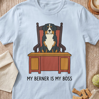 Cartoon Bernese Mountain Dog sits at a desk with text "MY BERNER IS MY BOSS".