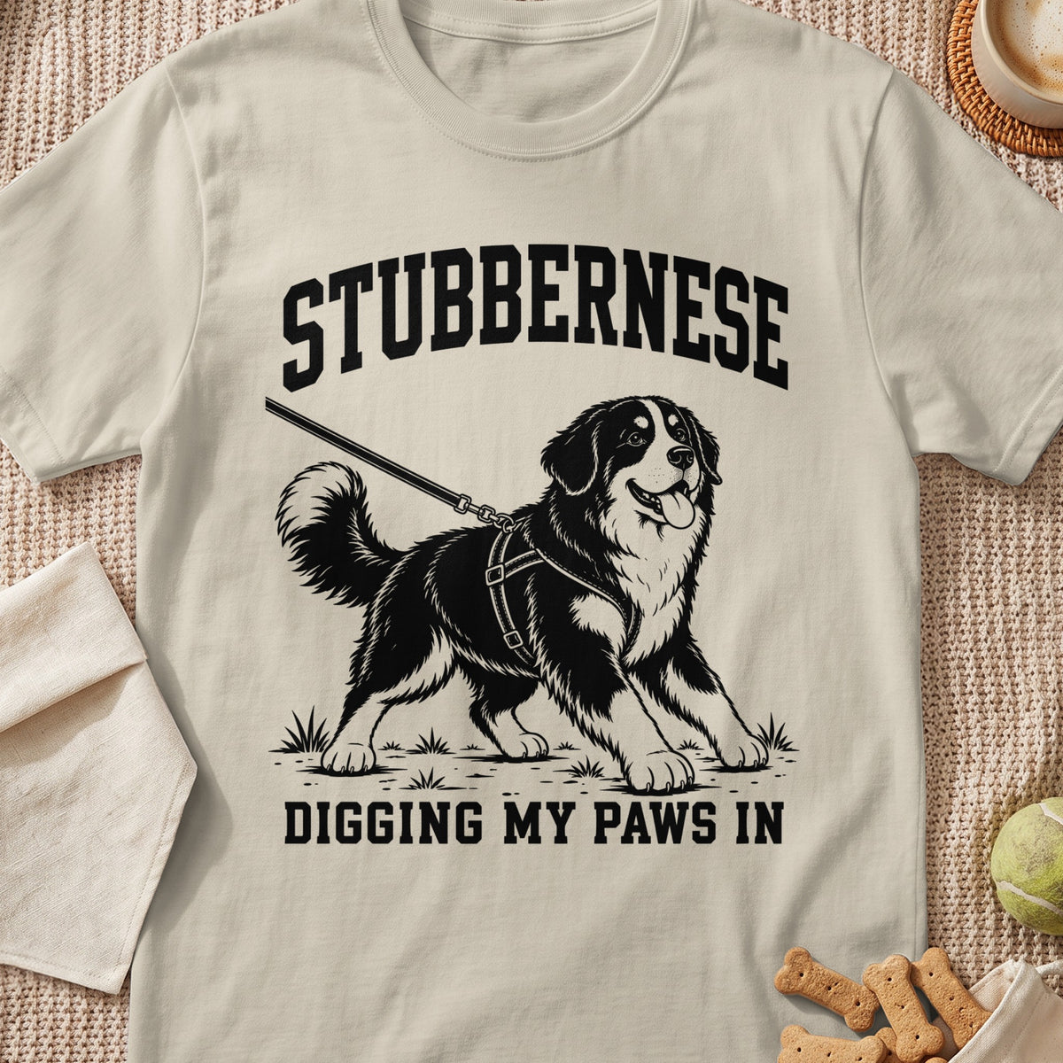 "STUBBERNESE DIGGING MY PAWS IN" on a light-colored t-shirt with a dog graphic.