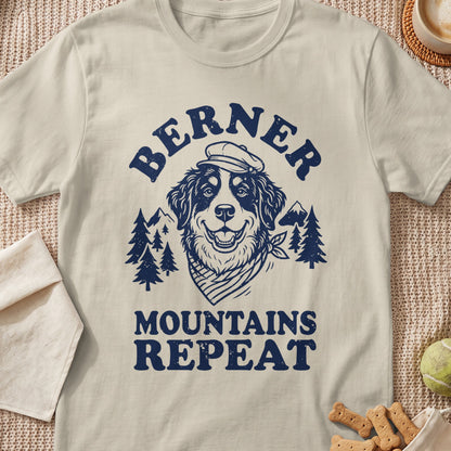 T-shirt with navy blue graphic of a Bernese Mountain Dog wearing a cap and bandana.