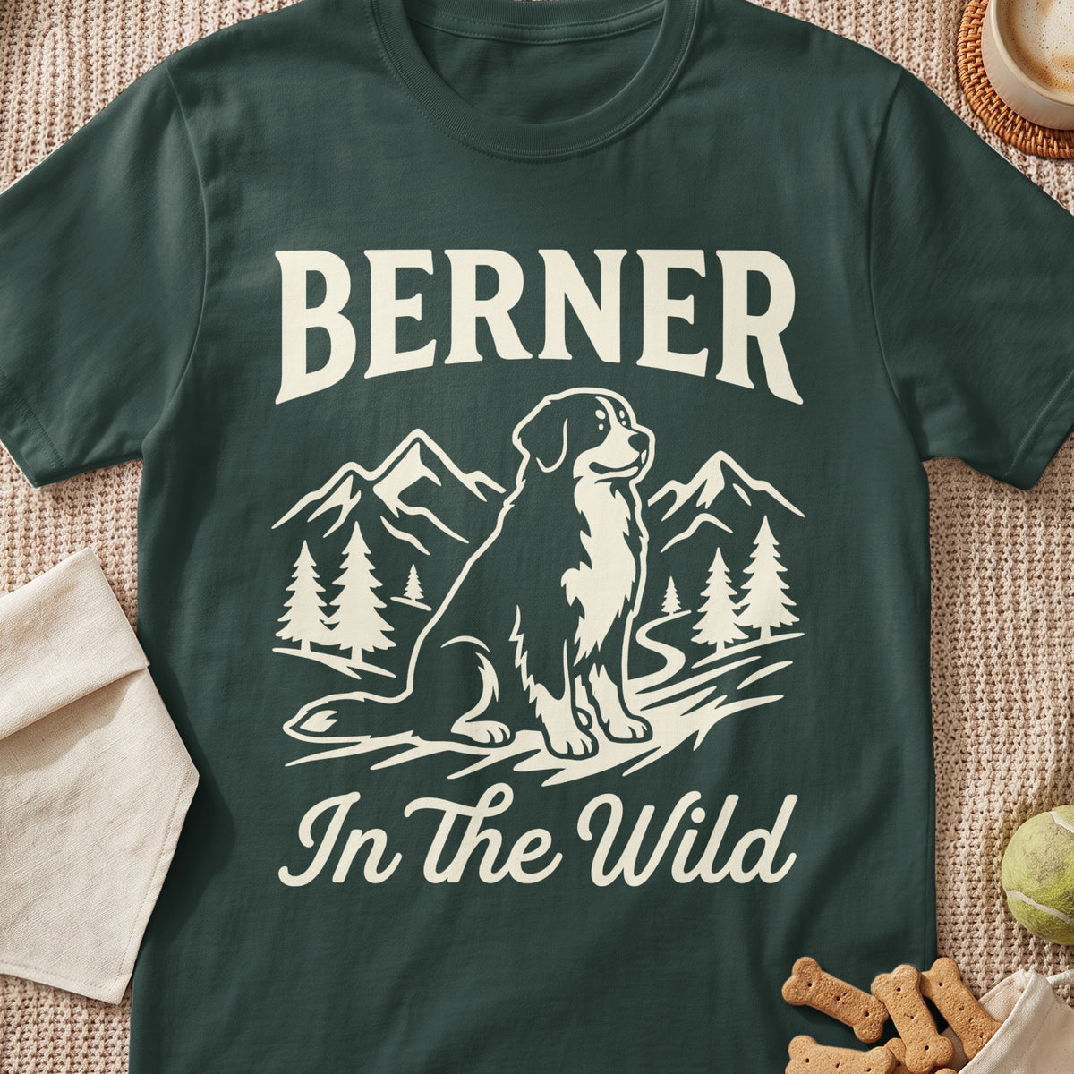 Bernese Mountain Dog graphic with "BERNER In The Wild" text on a dark green t-shirt.