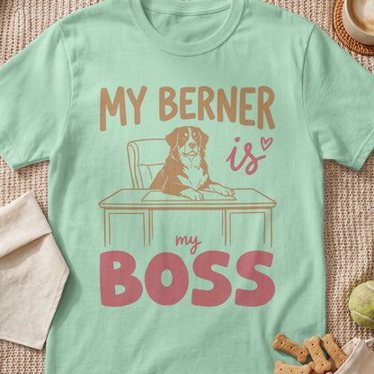 Mint green t-shirt with "My Berner is my BOSS" text and dog illustration.