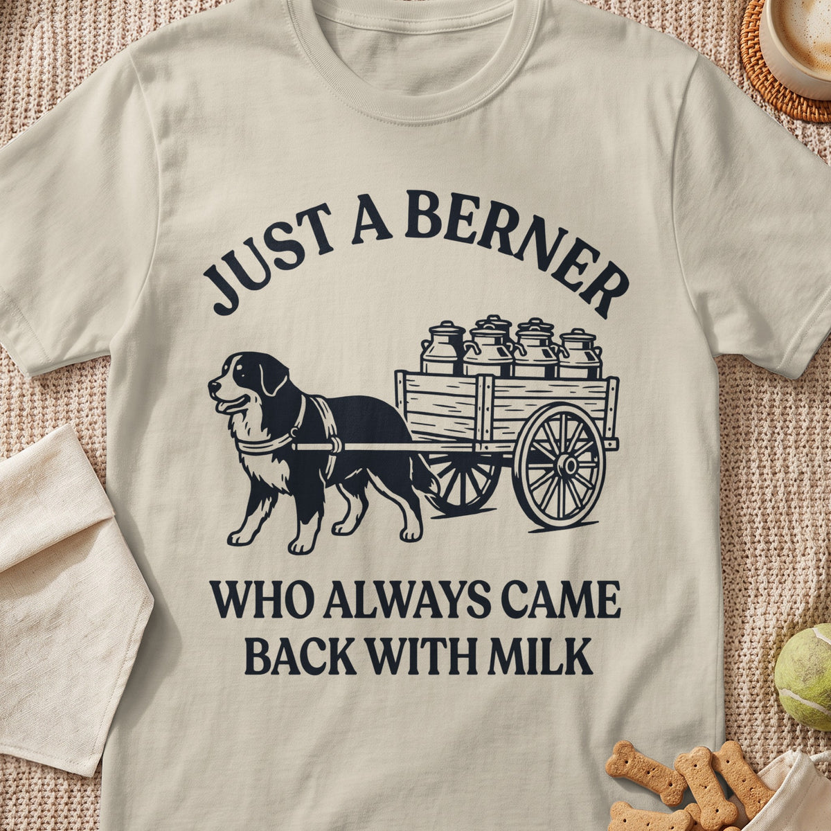 Berner dog pulling a cart of milk jugs with text "Just a Berner who always came back with milk."