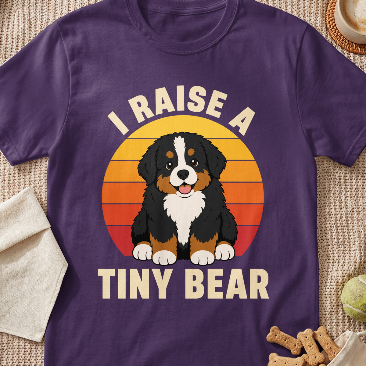 Bernese Mountain Dog puppy with text "I RAISE A TINY BEAR" on a purple shirt.