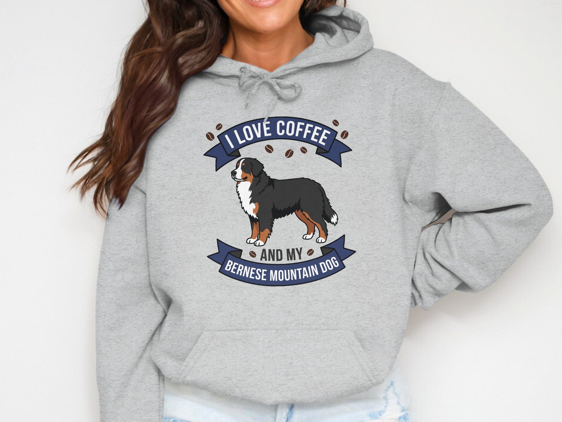 Grey hoodie with text "I LOVE COFFEE AND MY BERNESE MOUNTAIN DOG" and dog graphic.