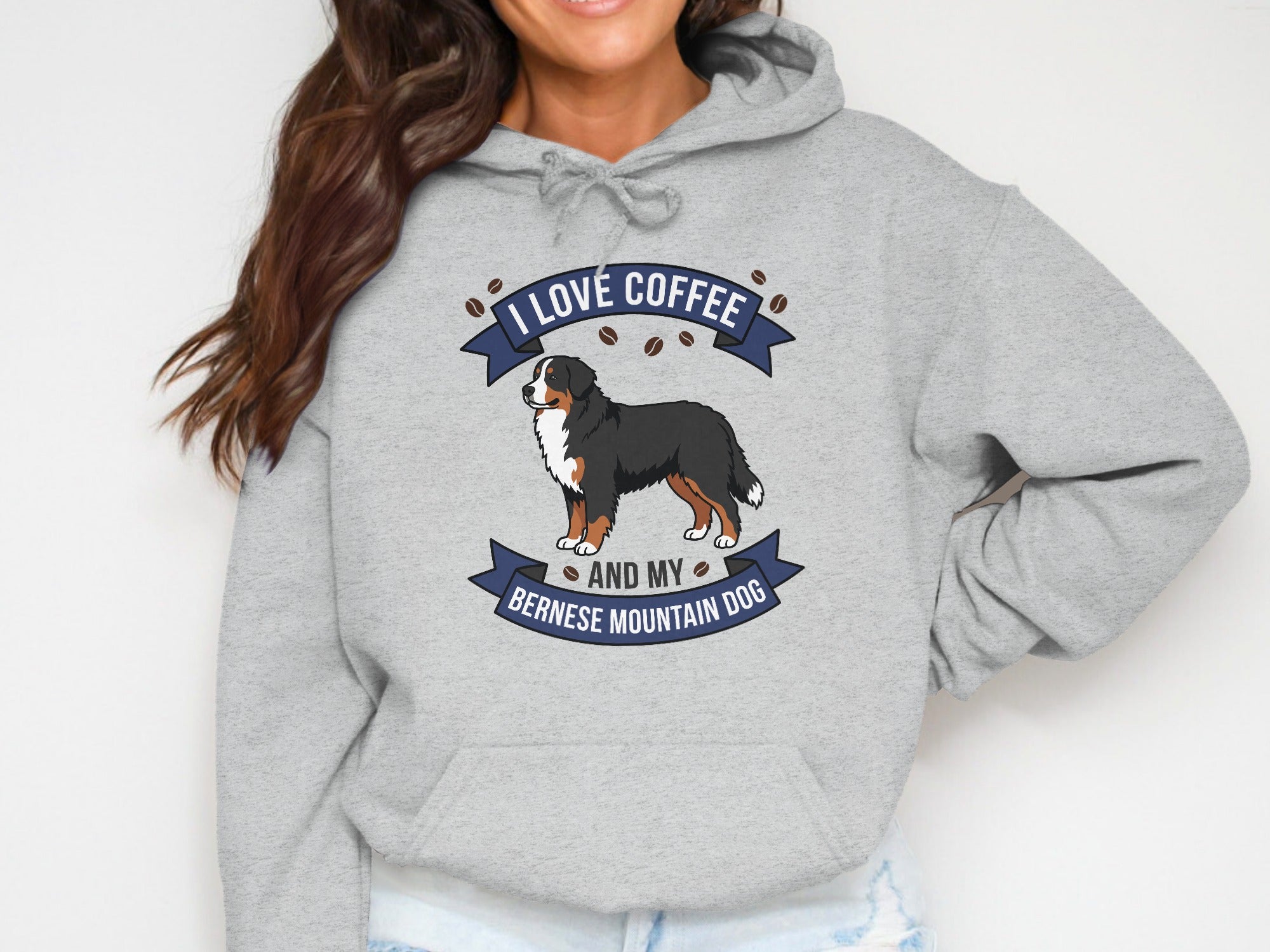 Grey hoodie with text "I LOVE COFFEE AND MY BERNESE MOUNTAIN DOG" and dog graphic.
