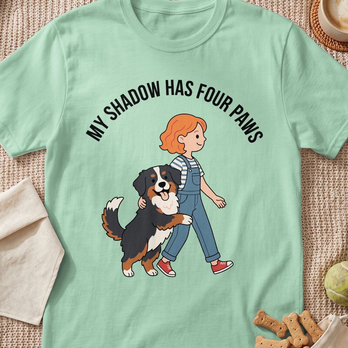 Mint green t-shirt with illustration of child and dog, reading "MY SHADOW HAS FOUR PAWS".
