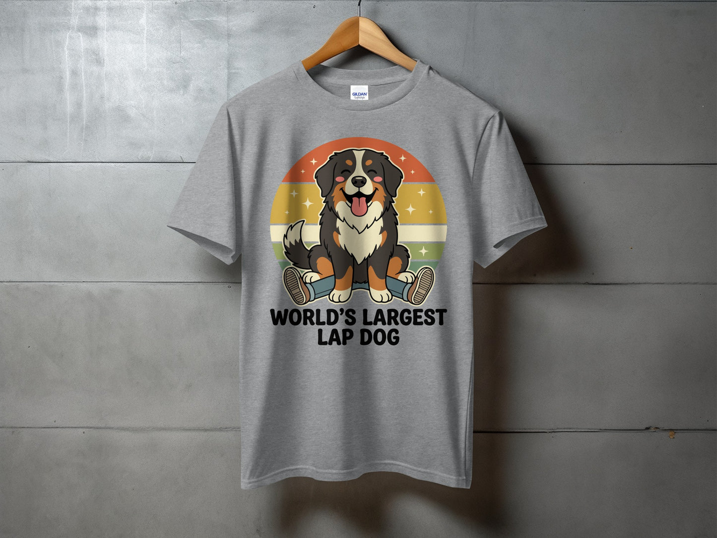 Bernese Mountain Dog graphic with text "World's Largest Lap Dog" on a grey t-shirt.