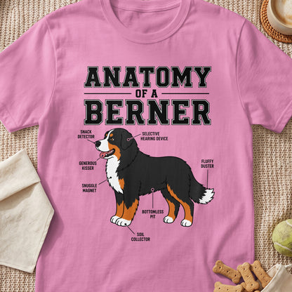 Pink t-shirt with "Anatomy of a Berner" text and humorous dog part labels.