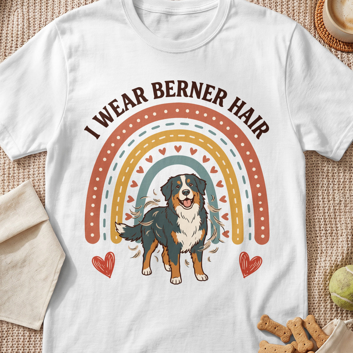 White t-shirt with Bernese Mountain Dog graphic and text "I WEAR BERNER HAIR."