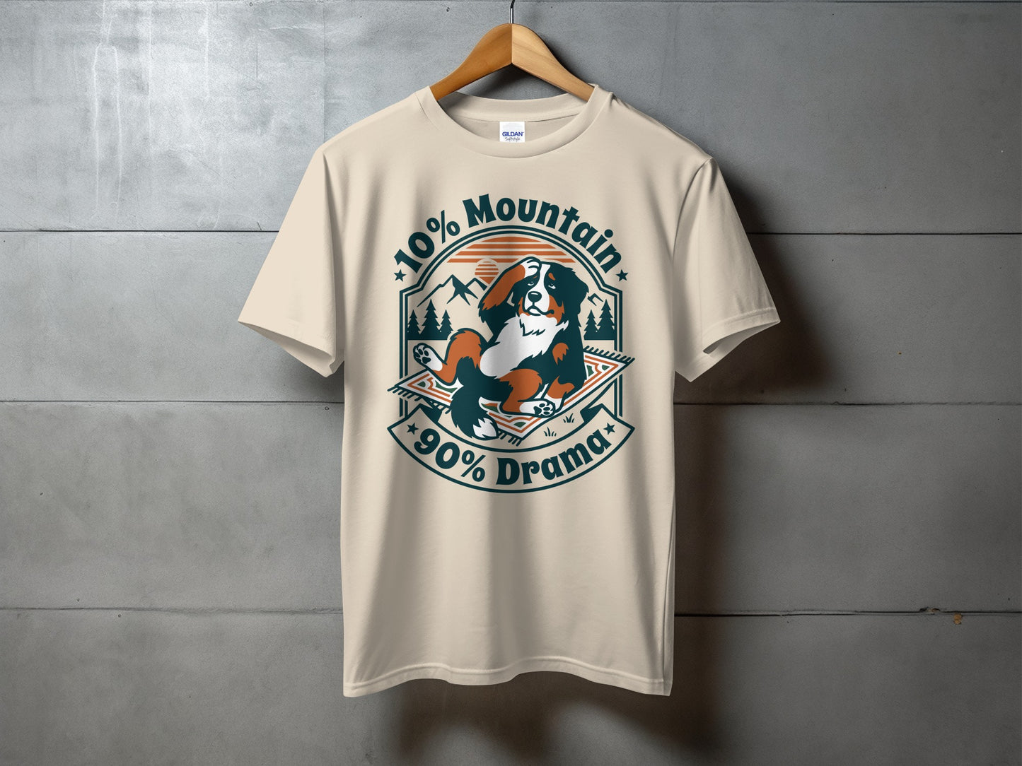 Bernese Mountain Dog t-shirt with "10% Mountain, 90% Drama" text.