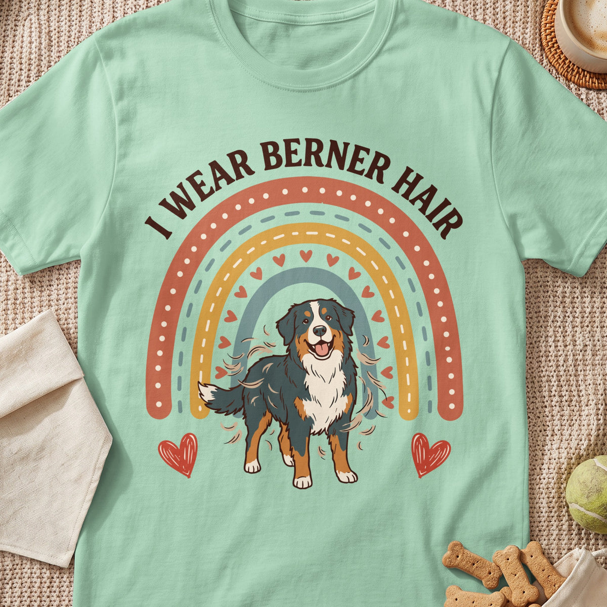 Mint green t-shirt with a Bernese Mountain Dog and rainbow graphic, text "I WEAR BERNER HAIR".