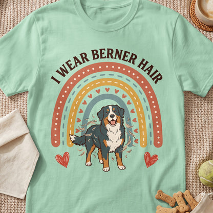 Mint green t-shirt with a Bernese Mountain Dog and rainbow graphic, text "I WEAR BERNER HAIR".