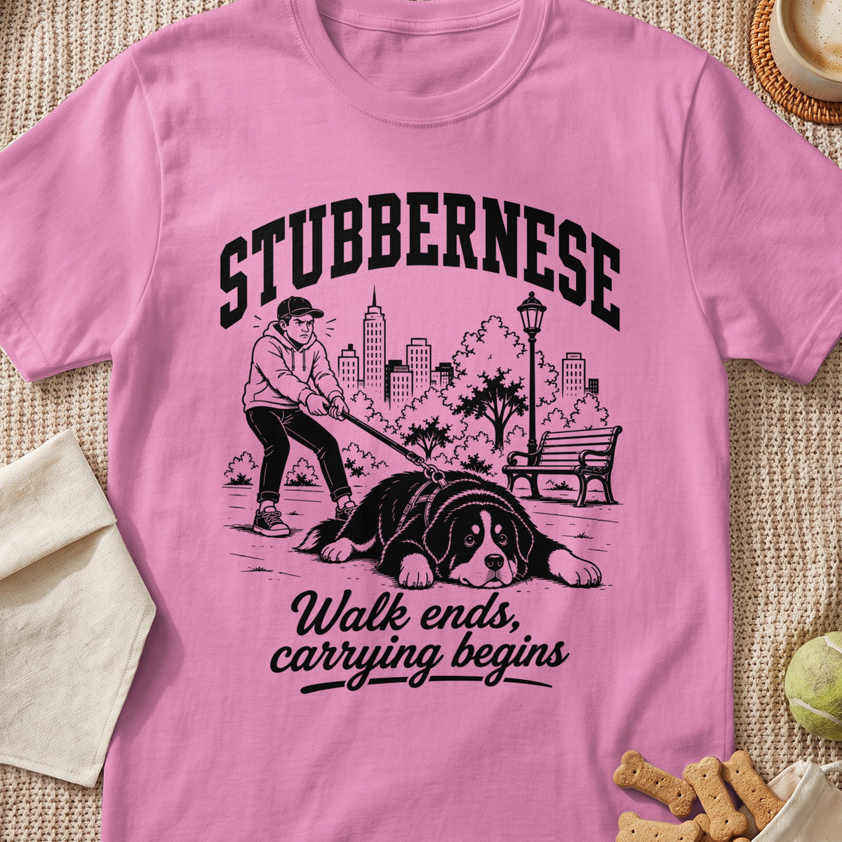 "STUBBERNESE" text above man pulling large dog on leash with city skyline background and "Walk ends, carrying begins" text.