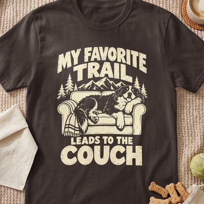 T-shirt with distressed graphic: "My Favorite Trail Leads to the Couch" and a dog.