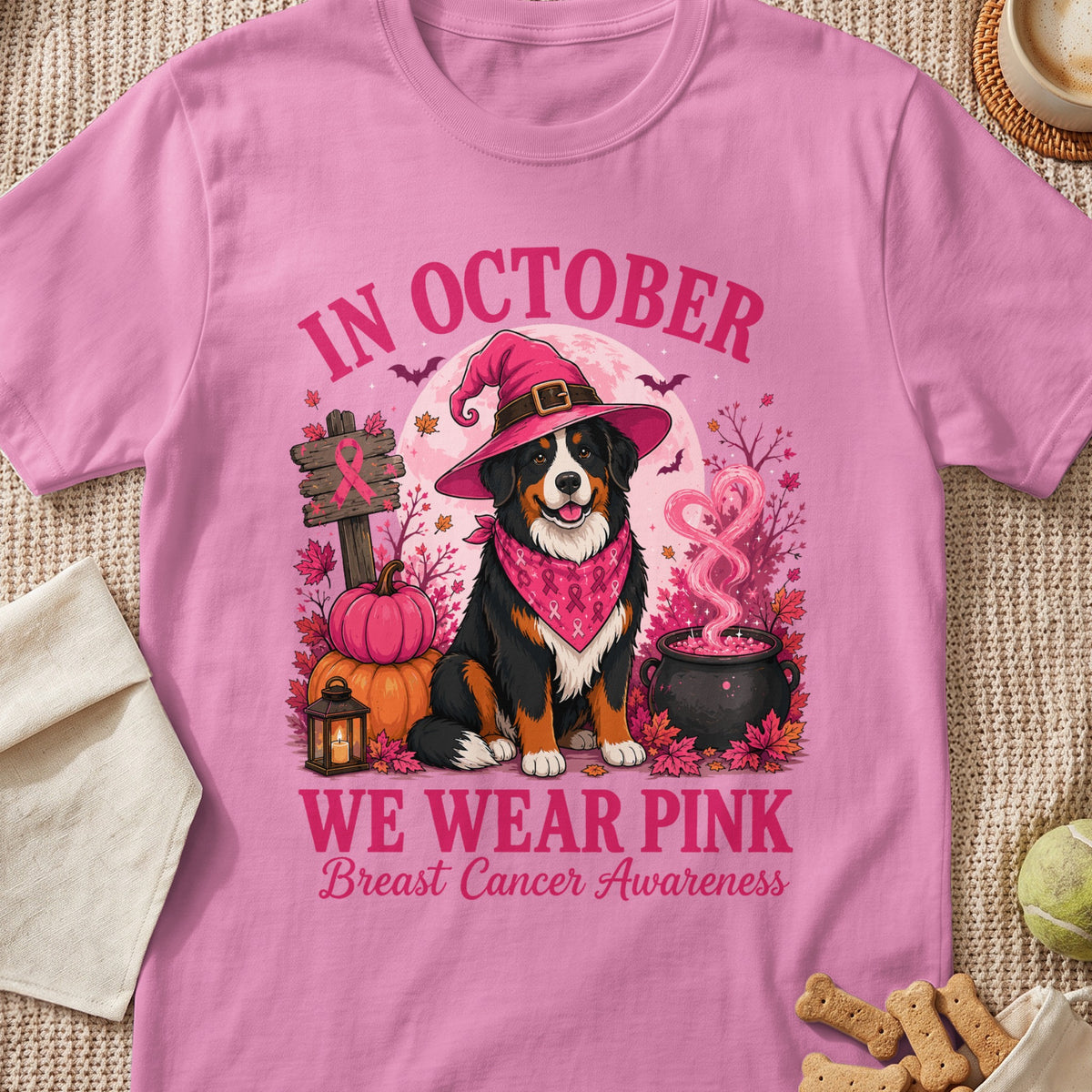 Bernese Mountain Dog in witch hat and bandana, "In October We Wear Pink Breast Cancer Awareness."