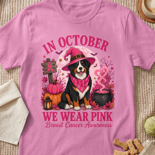 Bernese Mountain Dog in witch hat and bandana, "In October We Wear Pink Breast Cancer Awareness."
