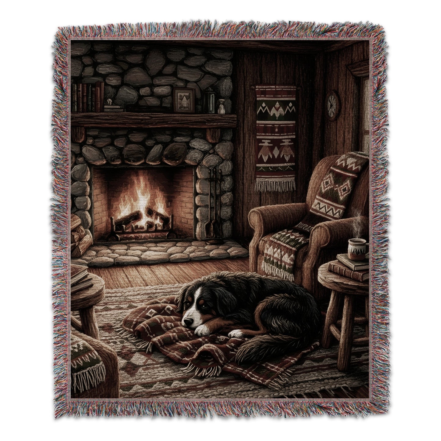 Cozy Fireplace Scene With Dog Tapestry Blanket