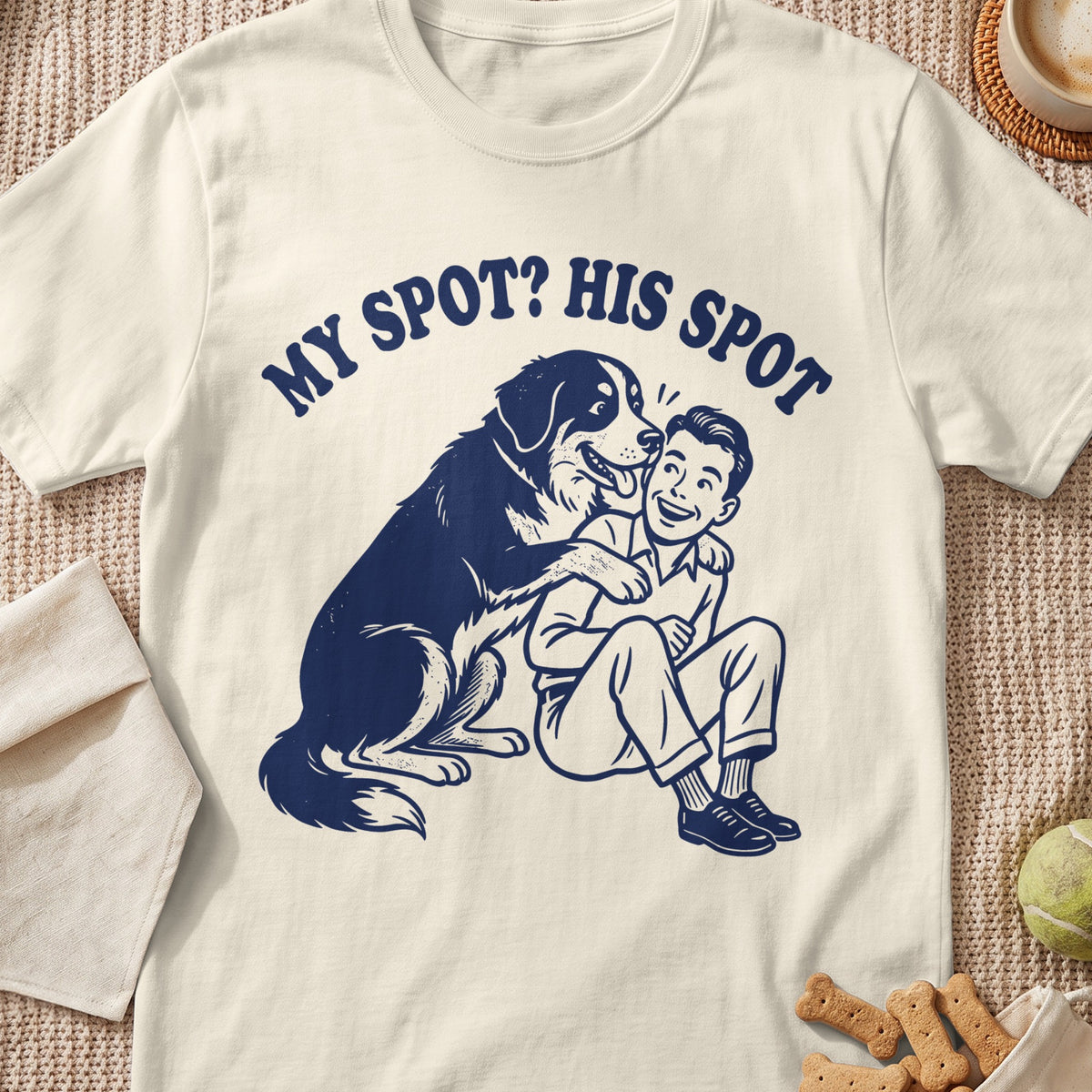 Graphic of a dog hugging a boy with text "MY SPOT? HIS SPOT".