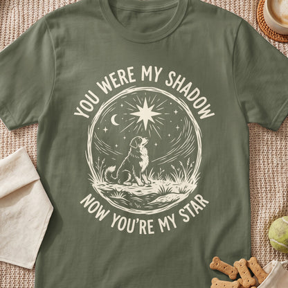 Olive t-shirt with dog looking at a star graphic and text "You were my shadow, now you're my star."