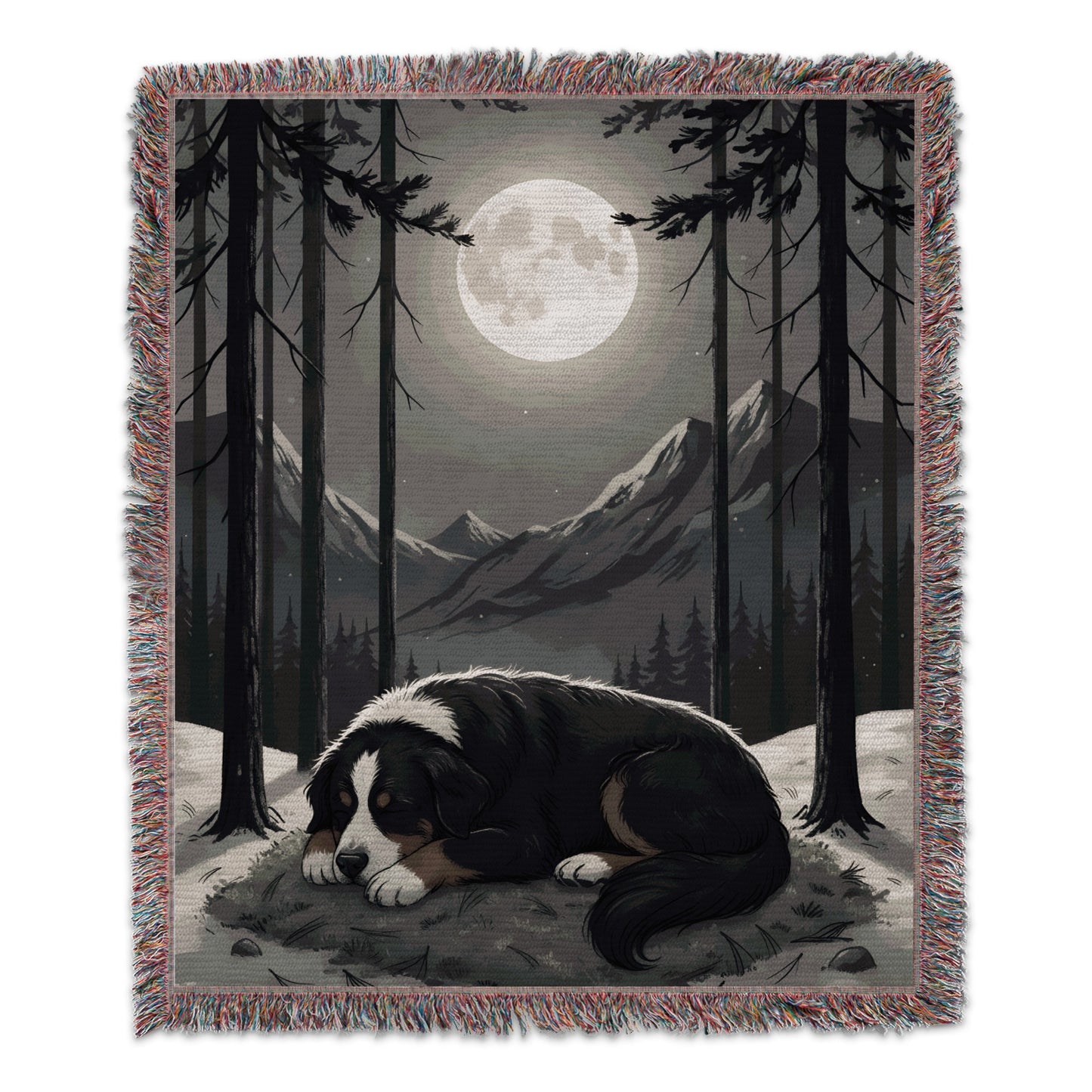 Cozy Night Forest Scene with Dog Woven Blanket