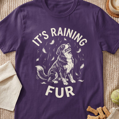Purple t-shirt with dog graphic and text "It's Raining Fur".