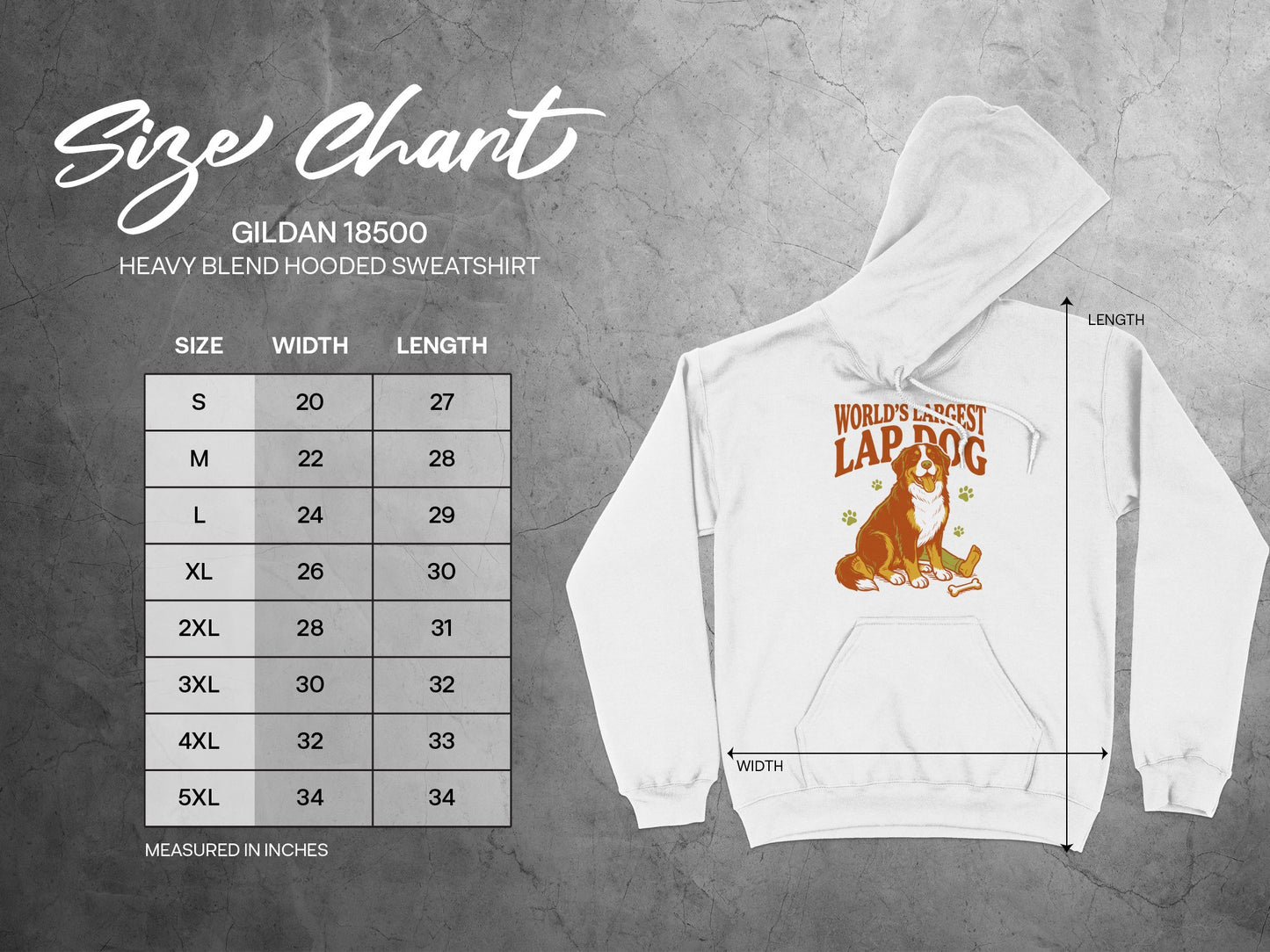 Gildan 18500 heavy blend hooded sweatshirt size chart with width and length measurements in inches.