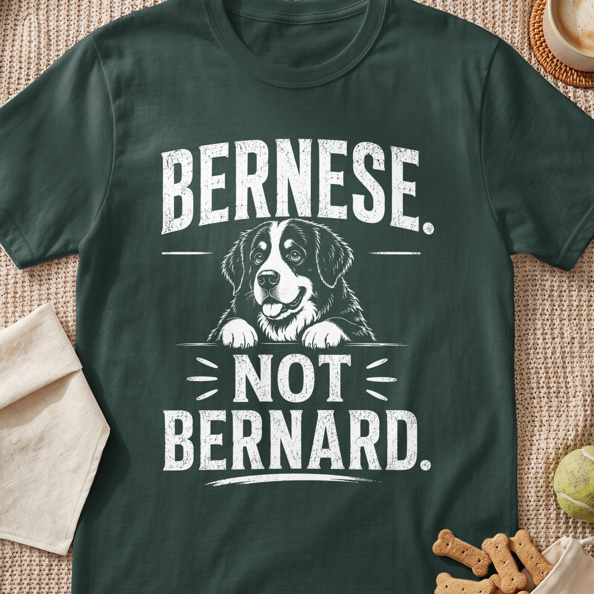 Bernese Not Bernard dog graphic tee with distressed text.