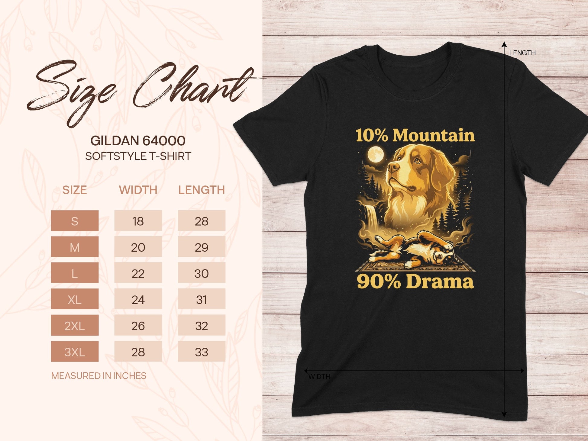 Black t-shirt with dog, waterfall, moon, trees, and text "10% Mountain 90% Drama". Includes size chart.