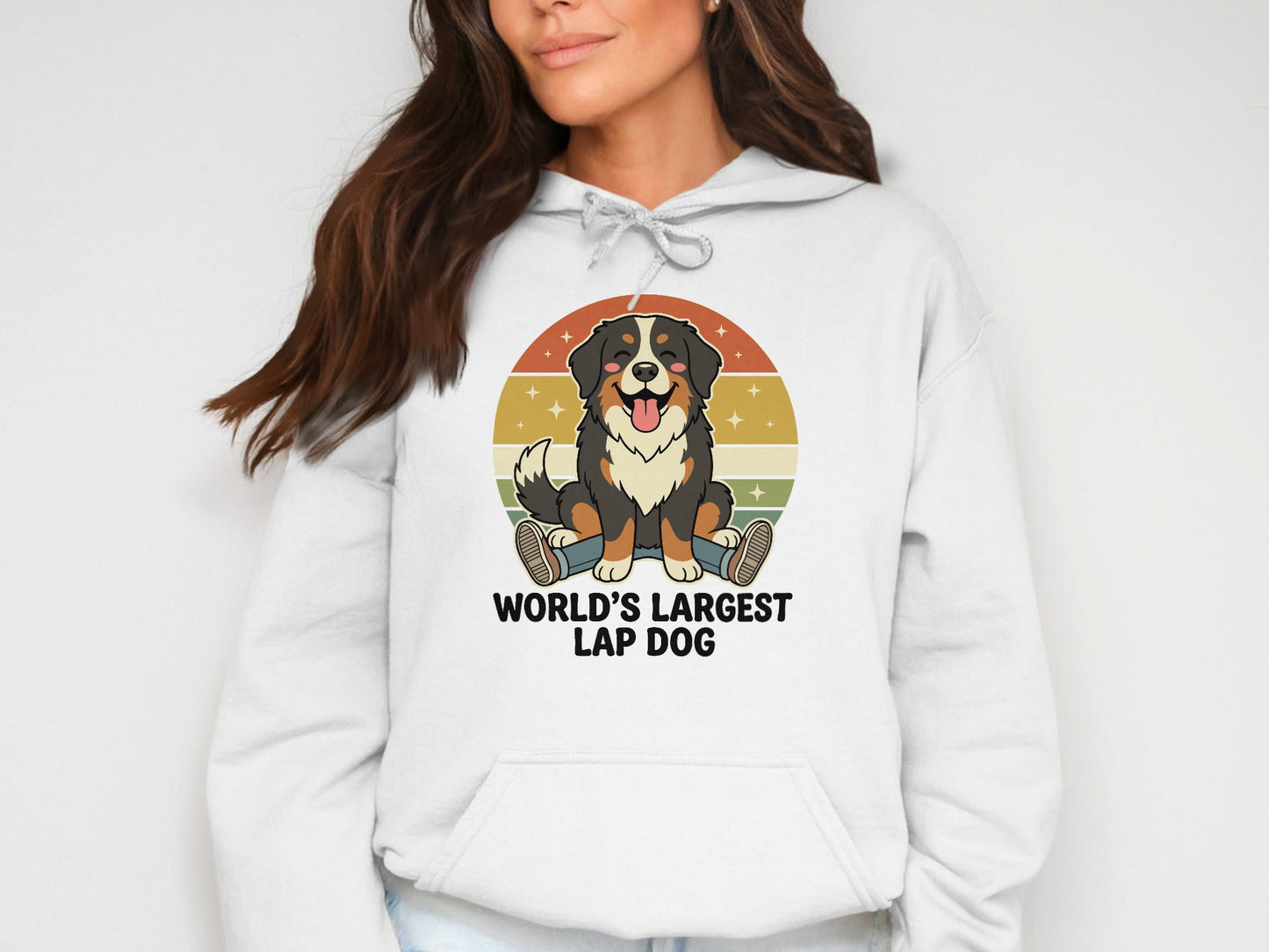 Bernese Mountain Dog graphic on white hoodie, text "WORLD'S LARGEST LAP DOG".