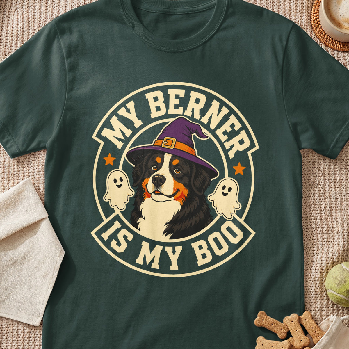 Bernese Mountain Dog wearing witch hat, surrounded by ghosts, text "My Berner Is My Boo".