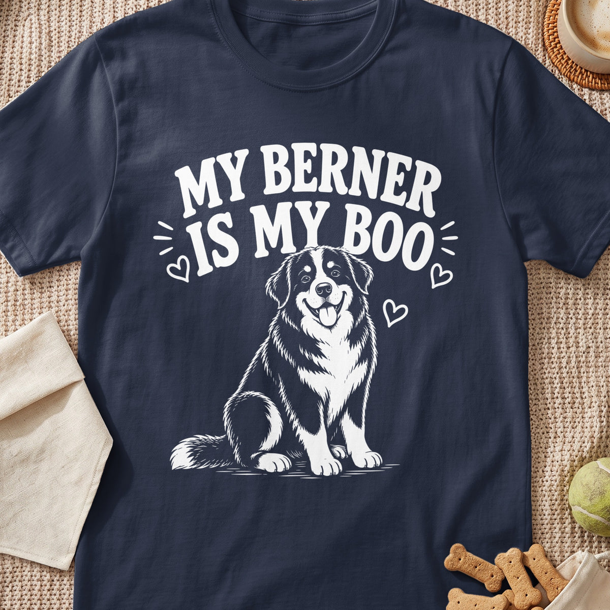 Dark blue t-shirt with white text "MY BERNER IS MY BOO" and a Bernese Mountain Dog illustration.