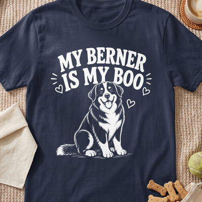 Dark blue t-shirt with white text "MY BERNER IS MY BOO" and a Bernese Mountain Dog illustration.