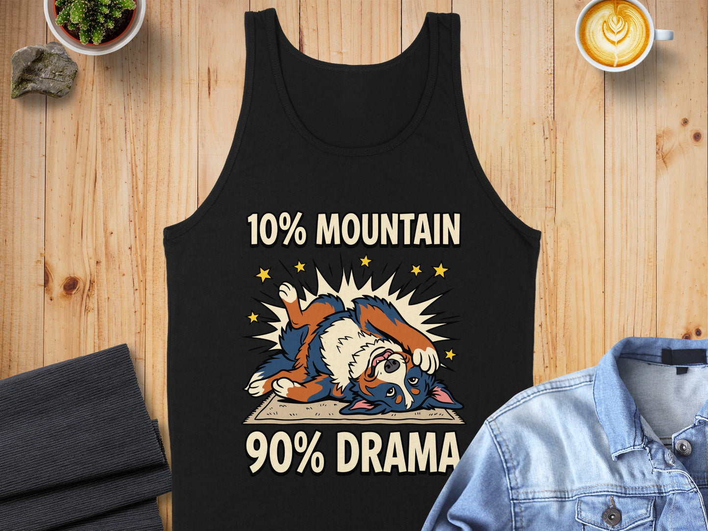 Black tank top with a distressed dog graphic and text "10% Mountain 90% Drama".