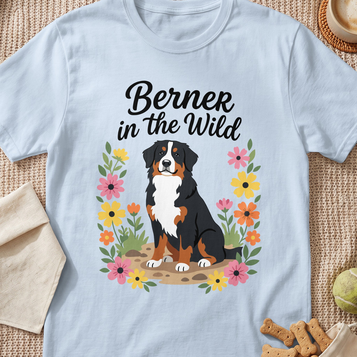 Bernese Mountain Dog with "Berner in the Wild" text surrounded by colorful flowers.