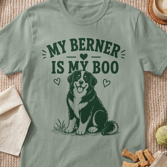 Green t-shirt with dark green text "MY BERNER IS MY BOO" and dog illustration.