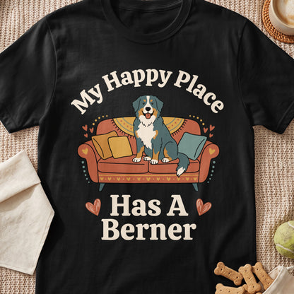 Bernese Mountain Dog on couch with text "My Happy Place Has A Berner".