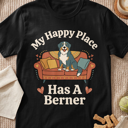 Bernese Mountain Dog on couch with text "My Happy Place Has A Berner".